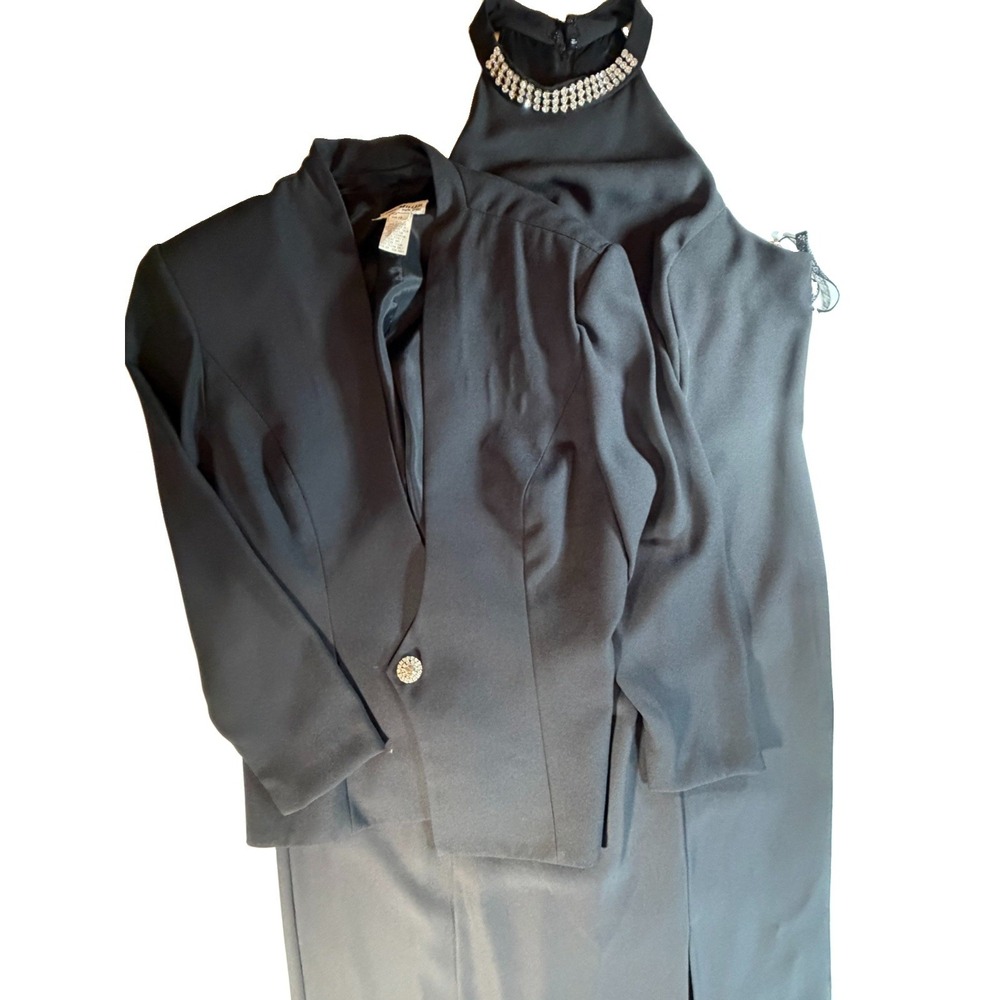 VTG Karen Miller New York Dress Jacket Set Women's 18 Black Rhinestone FRML Maxi